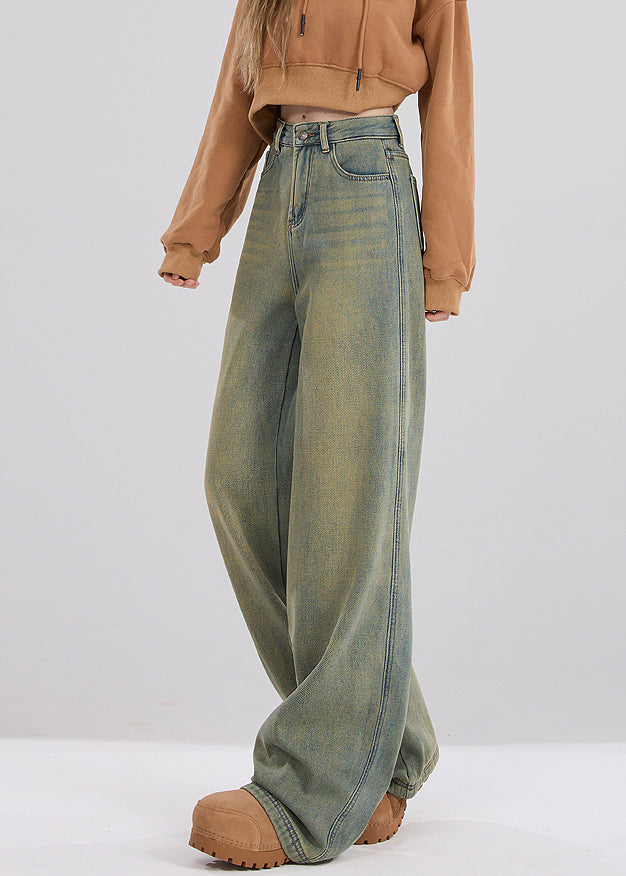 Nostalgic Blue Pockets High Waist Warm Fleece Jeans Spring