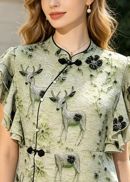 Green Print Chinese Button Silk Shirt Butterfly Sleeve