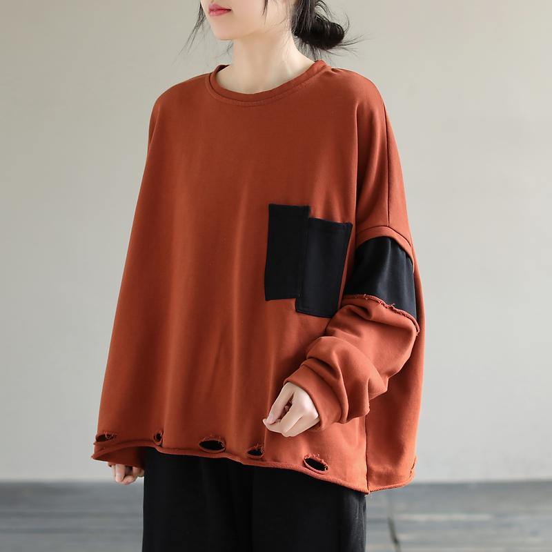 Classy Orange Cotton Tunic Top Patchwork Loose Sweatshirt