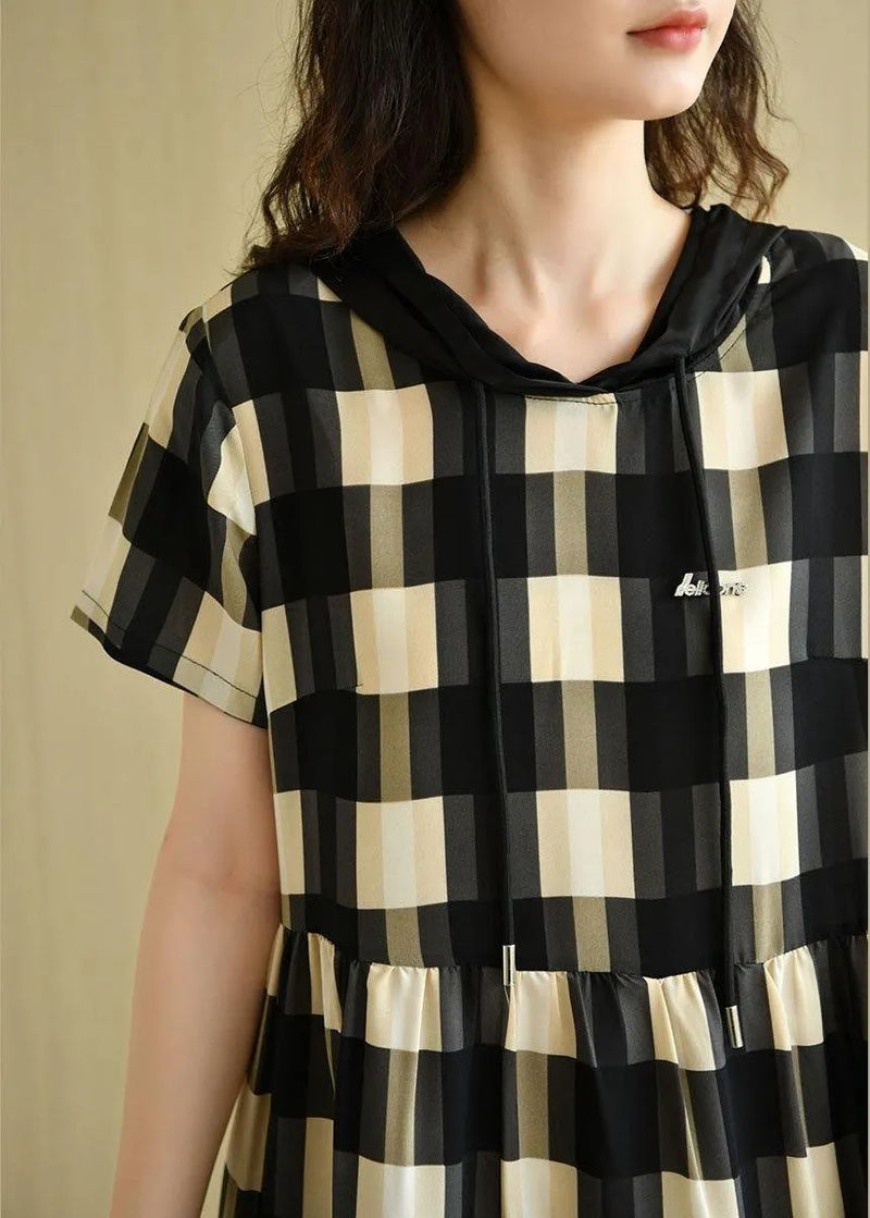 Black Plaid Hooded Patchwork Summer Cotton Dresses