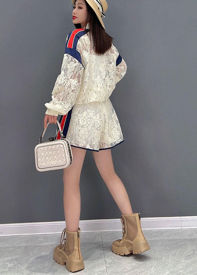 French White Zippered Patchwork Lace Upf 50+ Coat Jacket and Shorts Two-piece Set Summer