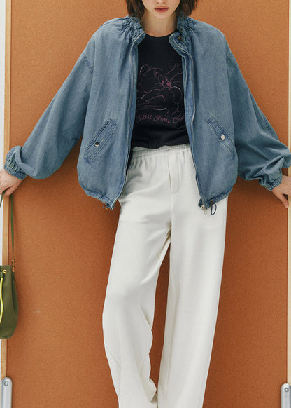 Blue Zip Up Ruffled Pockets Denim Jackets Fall