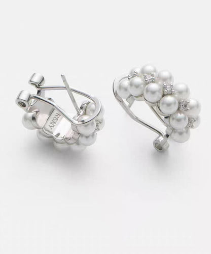 White Sterling Silver Zircon Double-layer Pearl Hoop Earrings