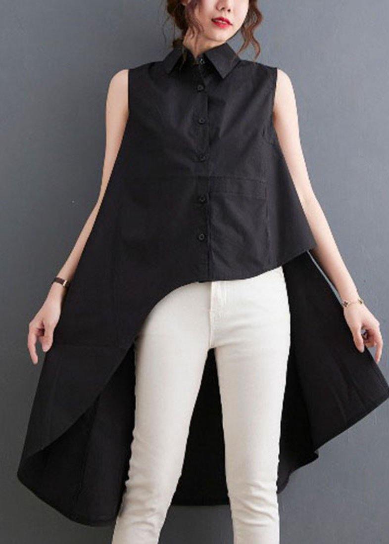 Simple Black Asymmetrical Design Low High Design Summer Blouses