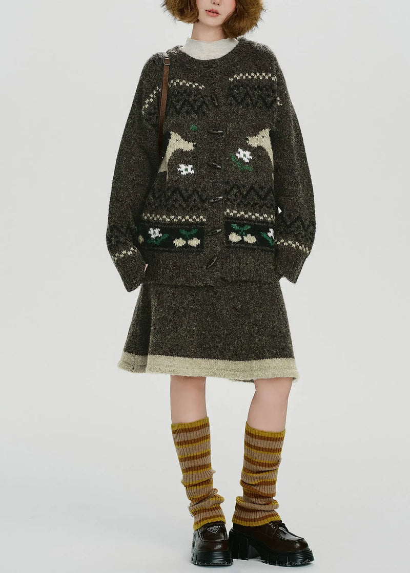 Handmade Tea Green Dog Jacquard Knit Two Pieces Set Spring