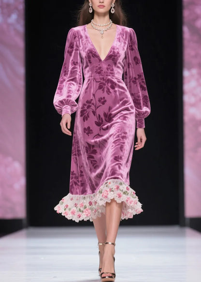 Purple Tulle Patchwork Silk Velvet Dress V Neck Spring