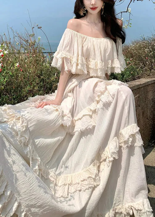 Apricot Slash Neck Ruffled Cotton Exra Large Hem Dress Summer