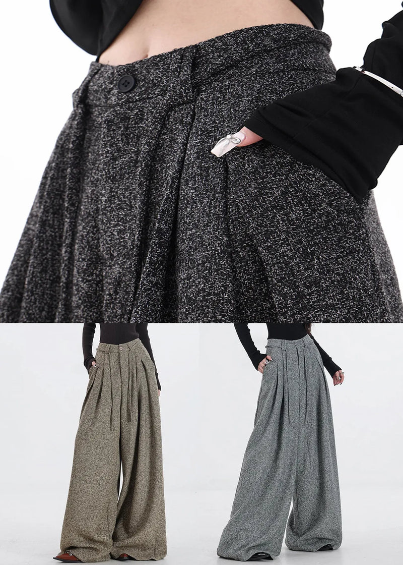 Khaki Pockets High Waist Woolen Pants Fall