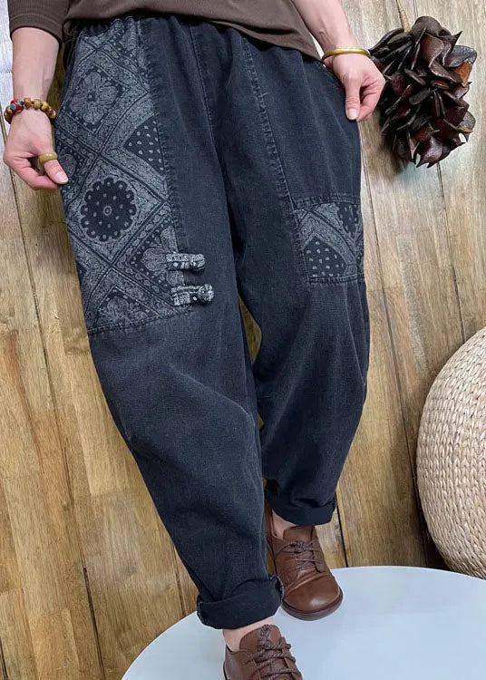 Style Black Button Patch Applique Denim Pants Spring