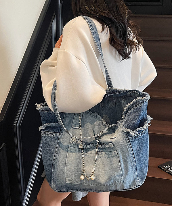 Gradient Blue Tasseled Large Capacity Denim Shoulder Bags