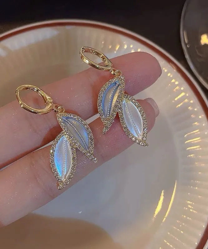 Diy Gold Copper Overgild Zircon Leaves Drop Earrings