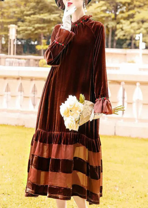 Brown Oversized Patchwork Silk Velour Robe Dresses Spring