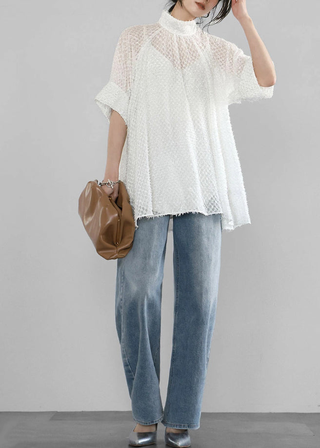 White Hollow Out Tulle a Line Tops Stand Collar Summer