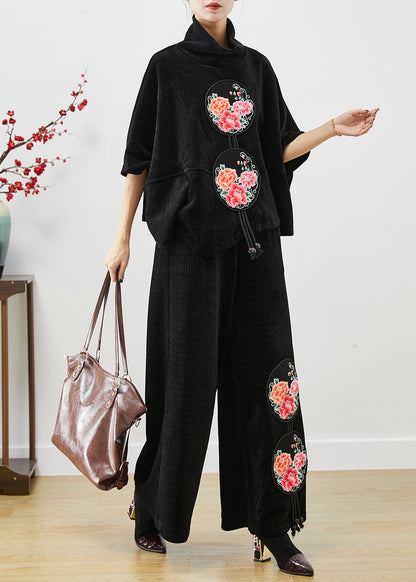Black Turtle Neck Embroideried Tasseled Corduroy Two Pieces Set Fall