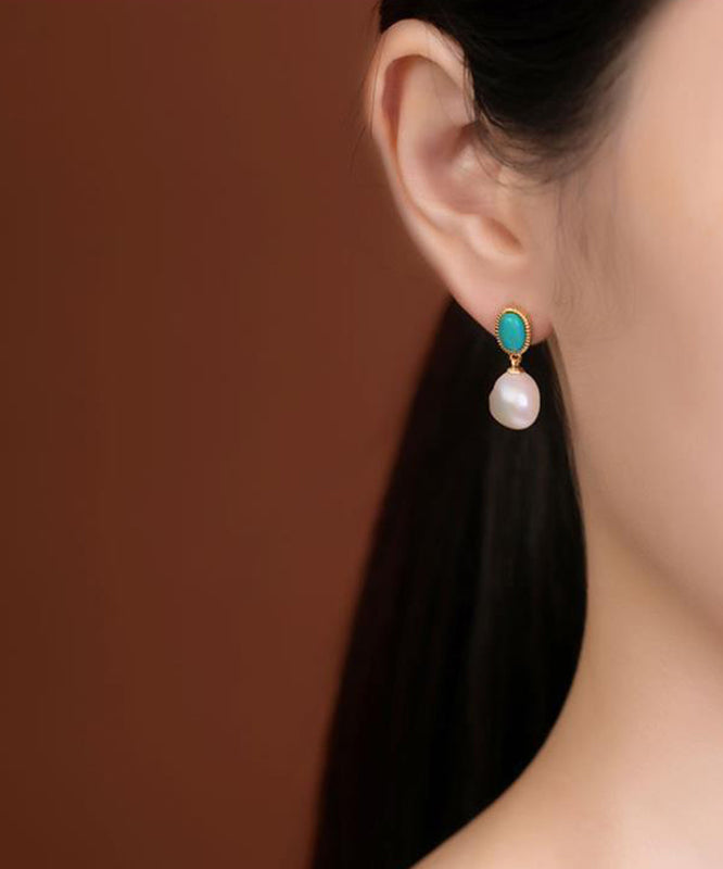 Blue Sterling Silver Overgild Turquoise Pearl Drop Earrings