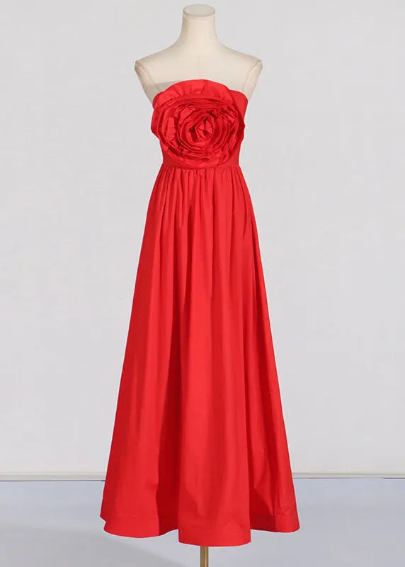 French Red Cold Shoulder Patchwork Rose Holiday Maxi Dress Summer