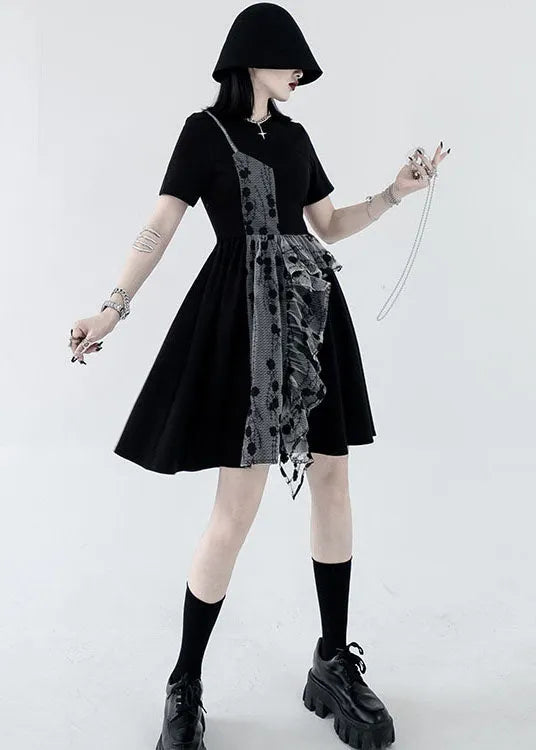 French Black O-neck Asymmetrical Design Patchwork Ruffles Cotton Fake Two Pieces Pleated Dresses Summer