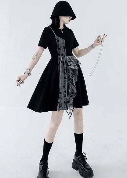 French Black O-neck Asymmetrical Design Patchwork Ruffles Cotton Fake Two Pieces Pleated Dresses Summer