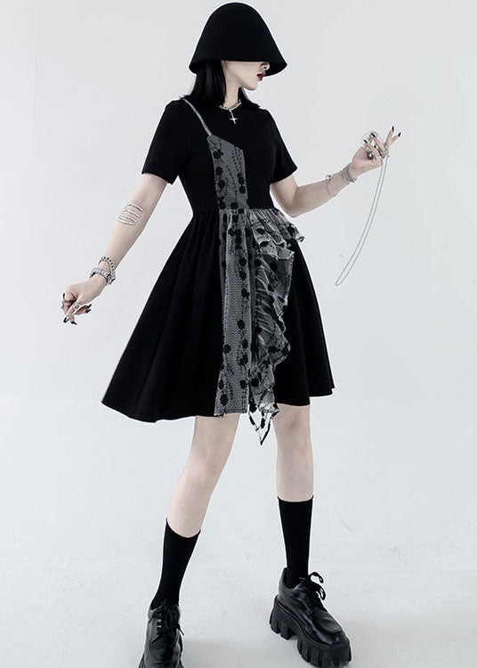 French Black O-neck Asymmetrical Design Patchwork Ruffles Cotton Fake Two Pieces Pleated Dresses Summer