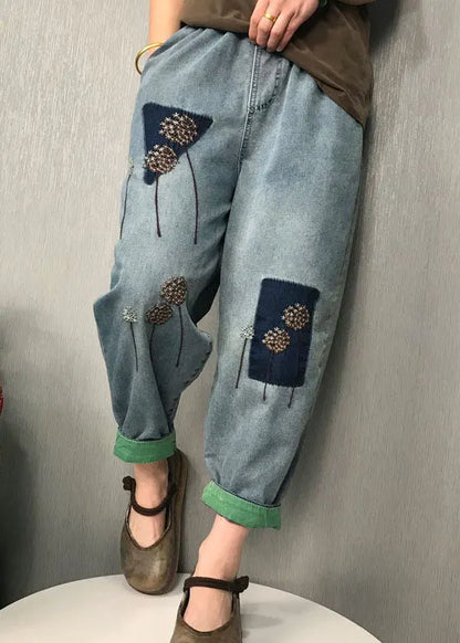 Organic Blue Embroideried Harem Denim Pants Spring