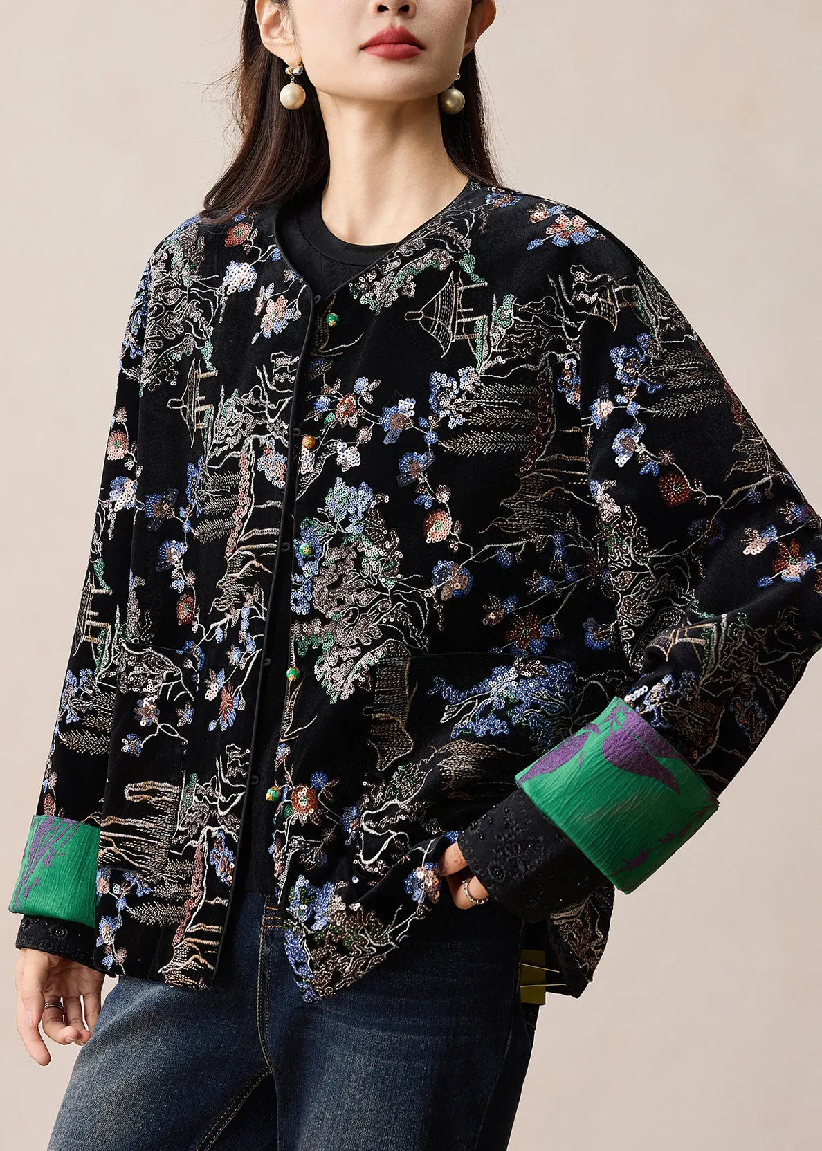 Black Embroidered Sequins Silk Velvet Coats Winter