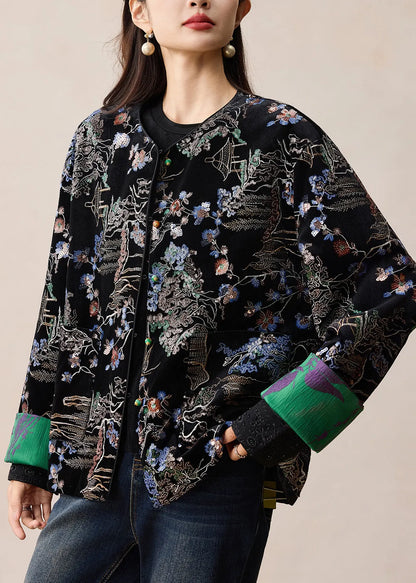 Black Embroidered Sequins Silk Velvet Coats Winter