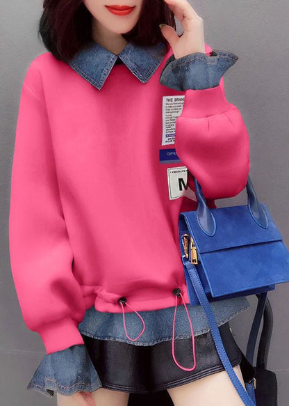 Pink Drawstring Peter Pan Collar Denim Patchwork Sweatshirts Top Spring