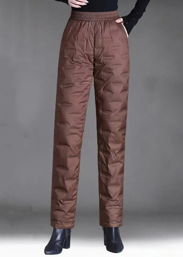 Brown Pockets Elastic Waist Duck Down Filled Pants Winter