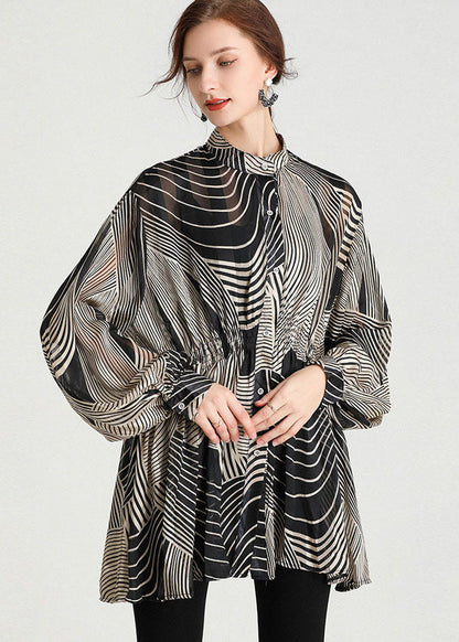 Black Stand Collar Striped Chiffon Cinch Blouse Tops Long Sleeve