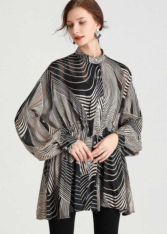 Black Stand Collar Striped Chiffon Cinch Blouse Tops Long Sleeve
