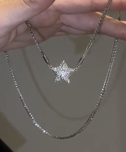 Silk Sterling Silver Zircon Five-pointed Star Pendant Necklace