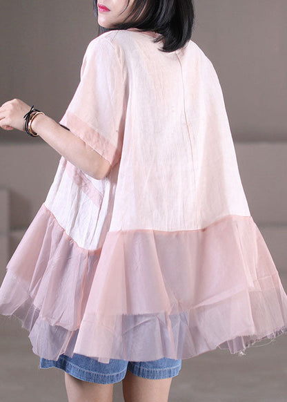 Pink O-neck Tulle Patchwork Cotton Linen Loose Tank Tops Short Sleeve