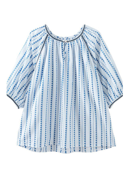 Modern Blue O-neck Chiffon Print Shirts Puff Sleeve