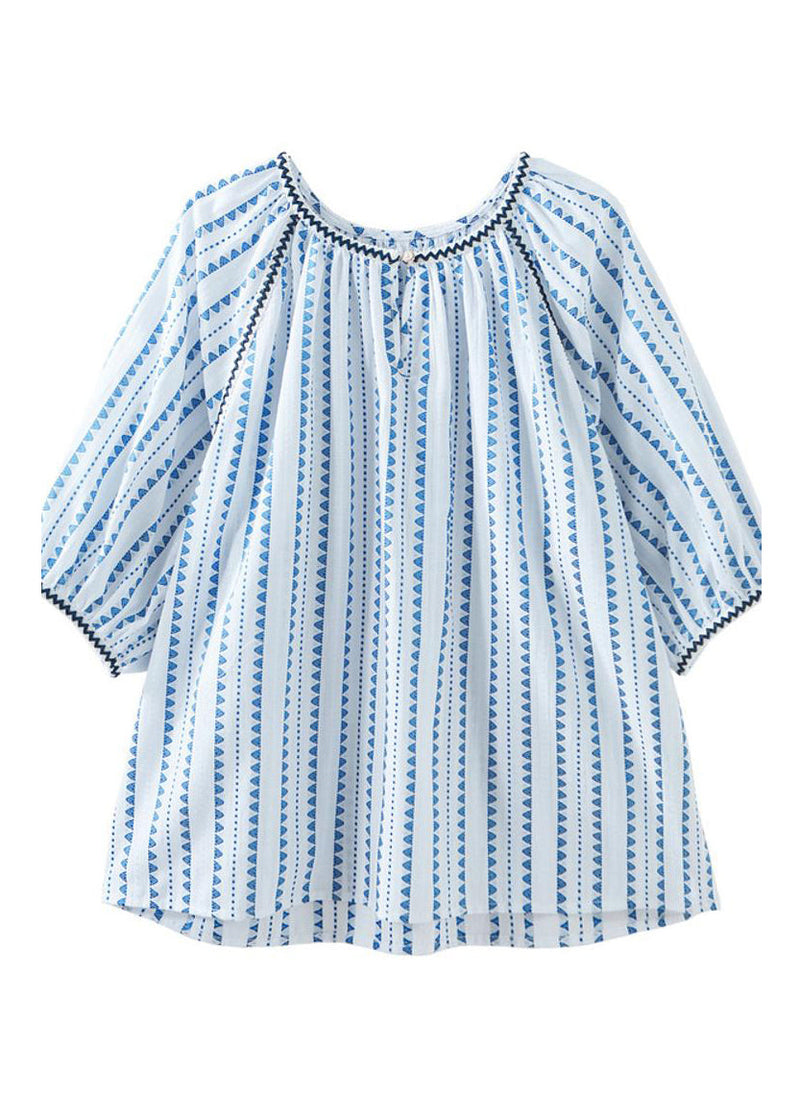 Modern Blue O-neck Chiffon Print Shirts Puff Sleeve