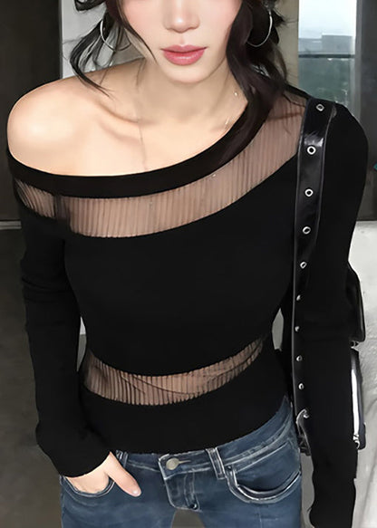 Simple Black One Shoulder Patchwork Tulle Shirt Tops Summer