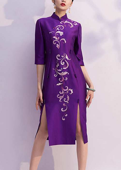 Chinese Style Purple Embroideried Side Open Silk Dresses Half Sleeve
