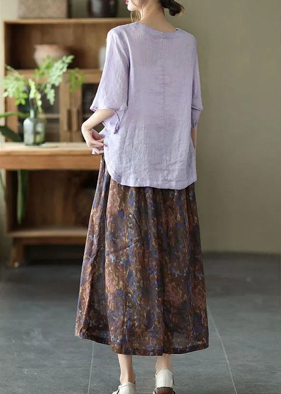 Khaki Print Patchwork a Line Skirt Linen Fall