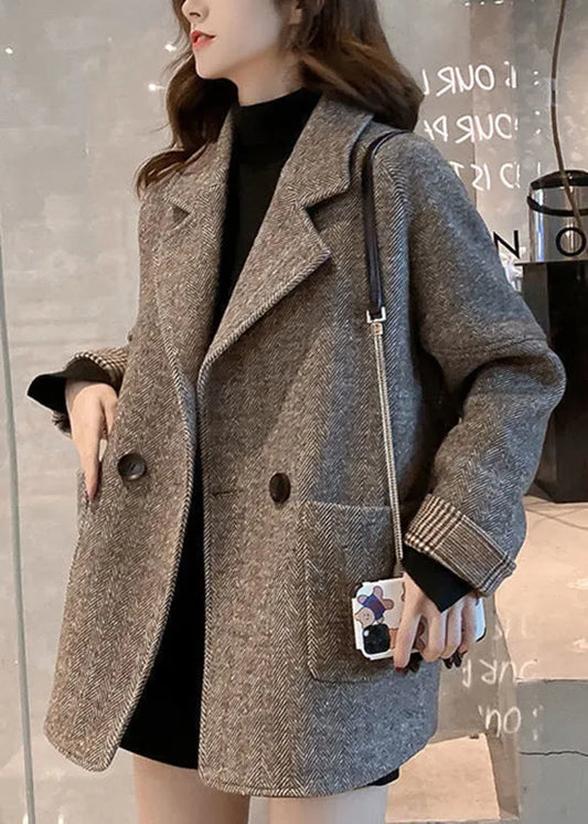 Khaki Notched Pockets Woolen Coat Winter
