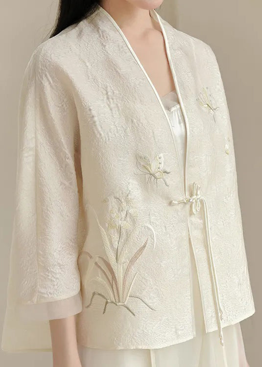 Chinese Style White V Neck Embroideried Tasseled Silk Two Piece Set Outfits Fall