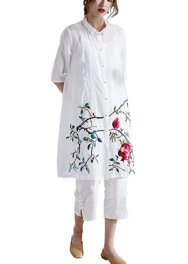Organic White Button Print Summer Ramie Loose Coat Half Sleeve