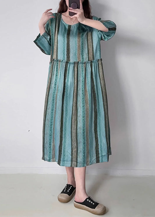 Green O-neck Ruffled Wrinkled Silk Cotto Maxi Dress Spring