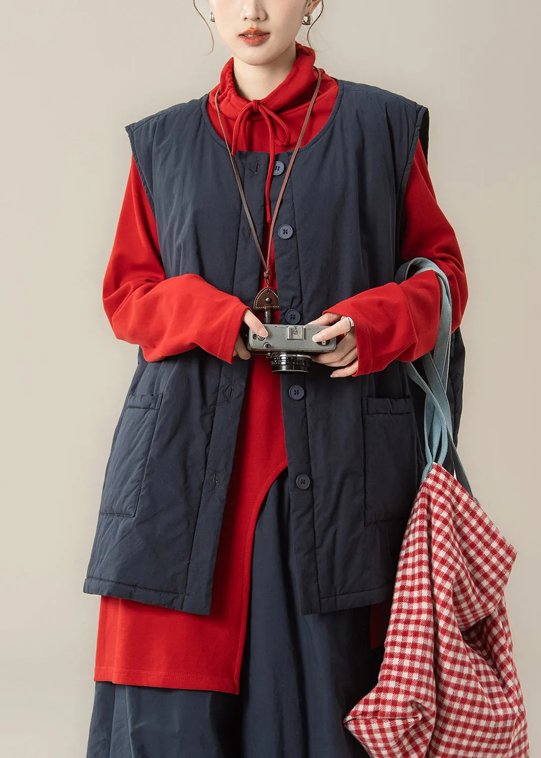 Navy Blue Patchwork Fine Cotton Filled Waistcoat and Red Top Two Piece Set Winter