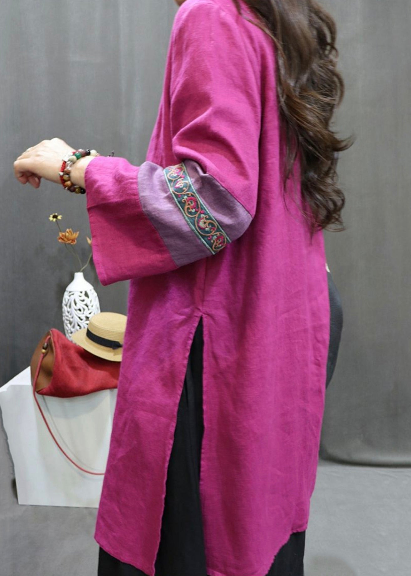 New Rose Stand Embroidered Button Collar Linen Blouses Fall