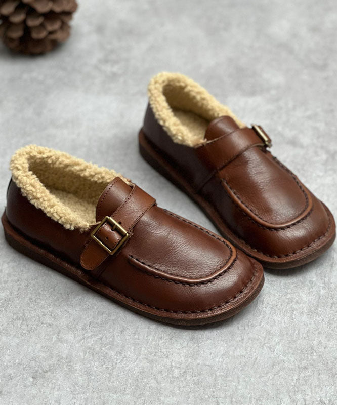 Chocolate Flat Shoes for Cowhide Leather Fuzzy Wool Lined Flat Shoes for