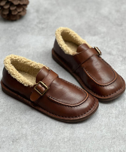 Chocolate Flat Shoes for Cowhide Leather Fuzzy Wool Lined Flat Shoes for