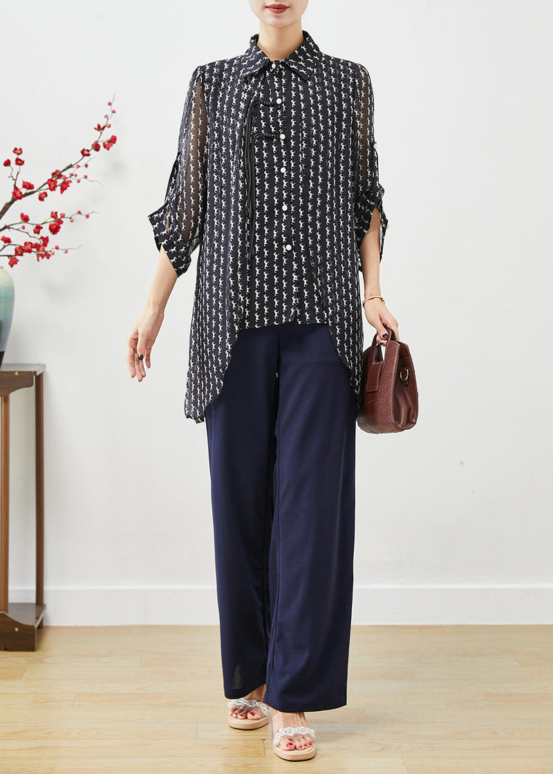 Navy Asymmetrical Tasseled Print Chiffon Top Summer