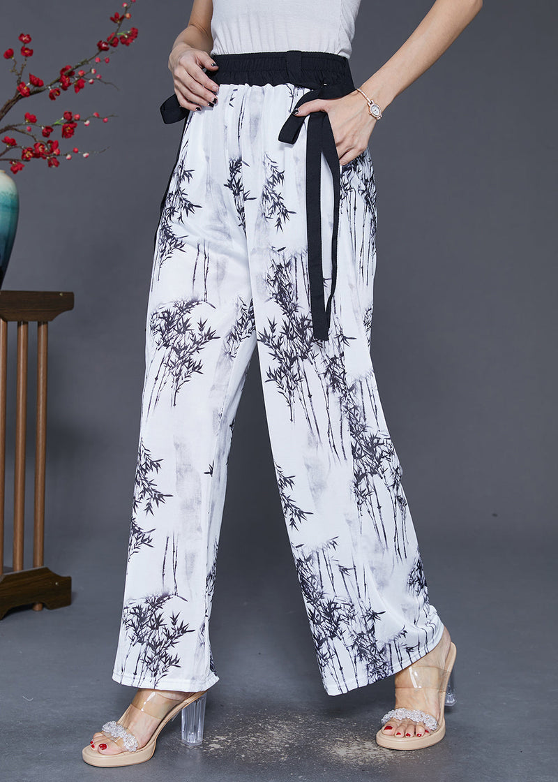 White Bamboo Print Draping Chiffon Straight Pants Fall