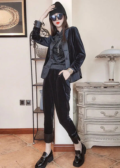 Loose Black Chinese Button Patchwork Velour Two-piece Set Fall
