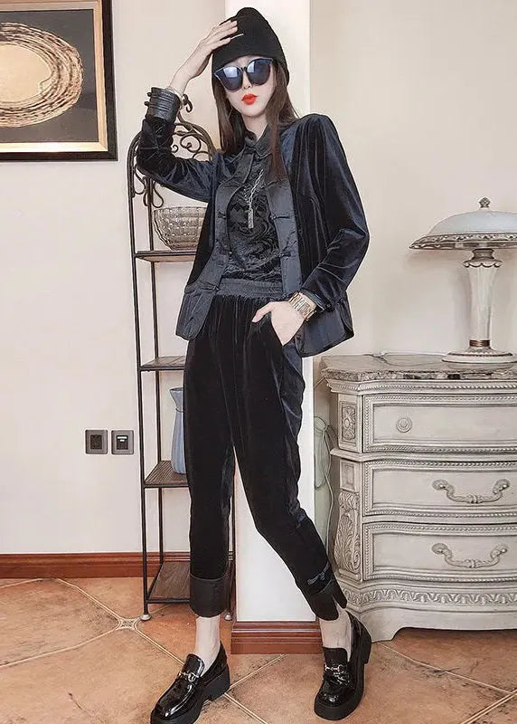 Loose Black Chinese Button Patchwork Velour Two-piece Set Fall