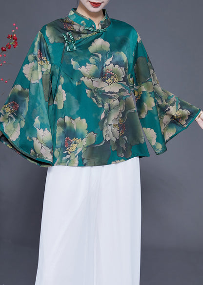 Peacock Green Mandarin Collar Print Silk Top Flare Sleeve
